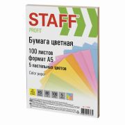 Бумага цветная STAFF «Profit» МАЛОГО ФОРМАТА (148х210 мм), А5, 80 г/м2, 100 л. (5цв. х 20 л.), цветная пастель, для офиса и дома, 110891