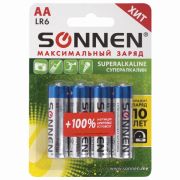 Элемент питания АА (LR6,15А) 4 шт., SONNEN Super Alkaline, алкалиновые, пальчиковые, блистер