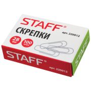 Скрепки 28 мм металлические, овальные STAFF 100 шт в картонной коробке, РОССИЯ